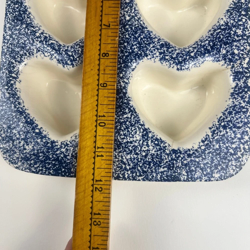 Ceramic Heart Muffin Pan 6 Count Cottagecore Sponge Spatterware Farmhouse